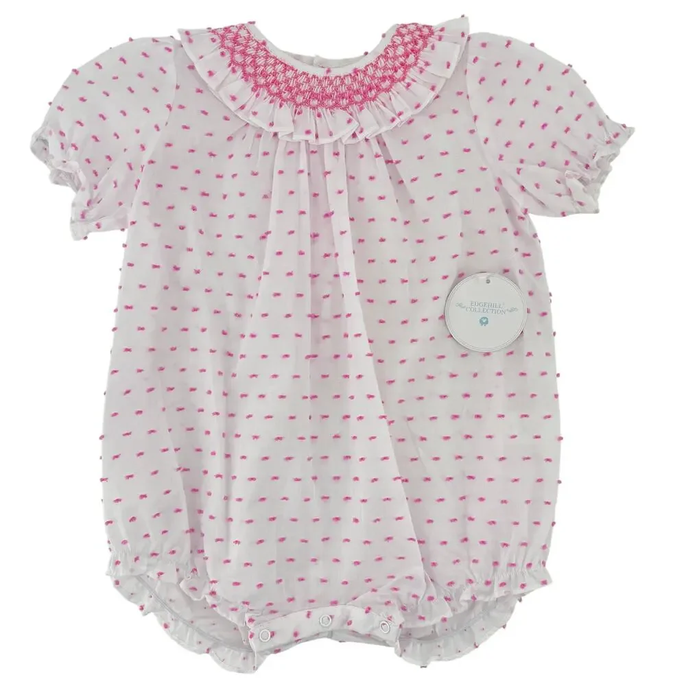 Edgehill Collection Baby Girl Smocked Pink Swiss Dot Bubble Romper Size 12M
